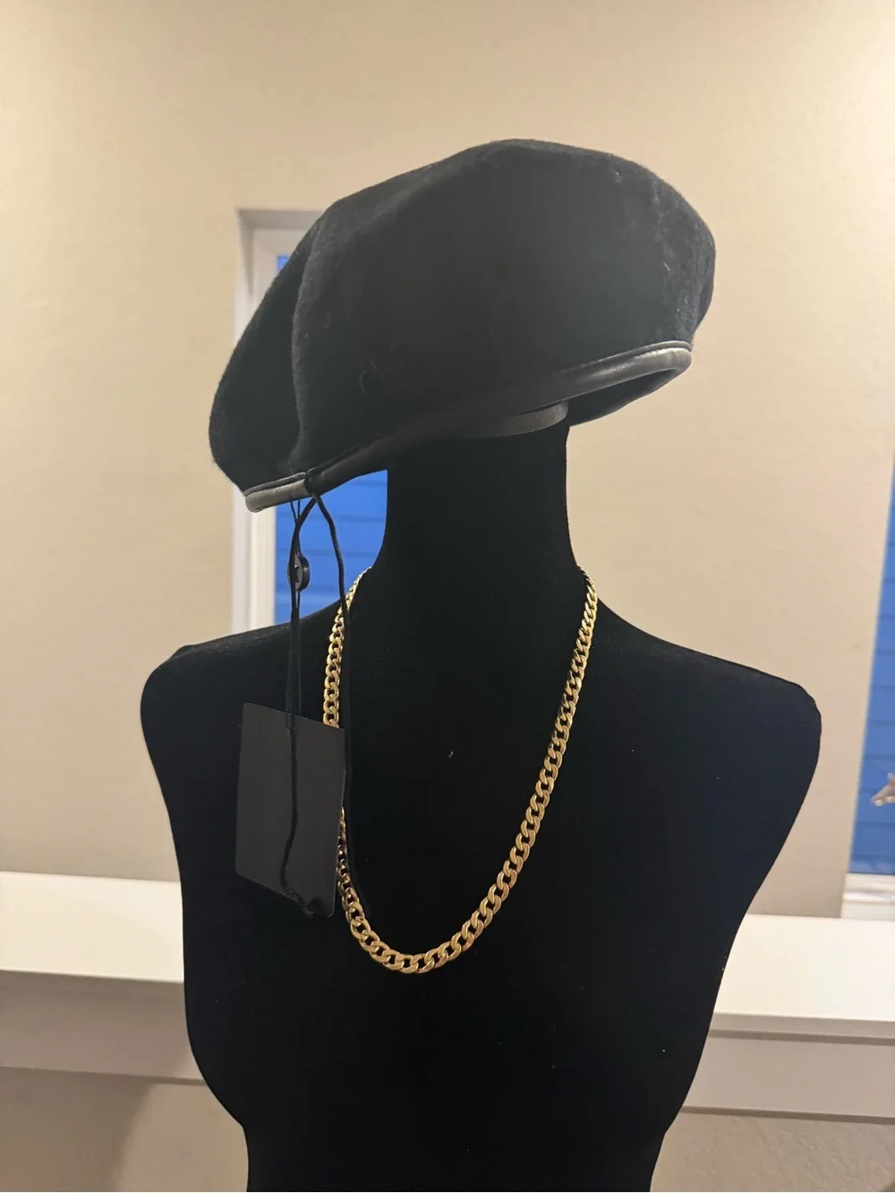 Black Wool Beret with Faux Leather Trim and Gold Chain Accent - Women’s Hat